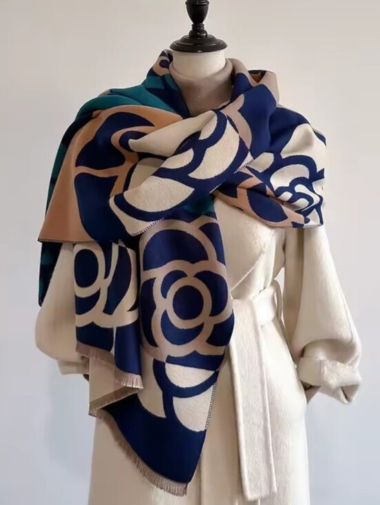 Source Unknown Accessories - NEW Cashmere Blend Navy & Beige Floral Pattern Women's Shall Scarf 26" x 76"